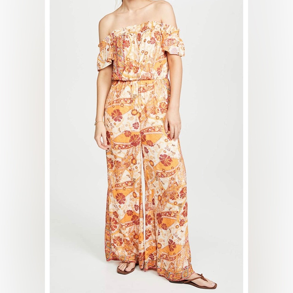 Free People paisley cream and orange jumpsuit off the shoulder size S